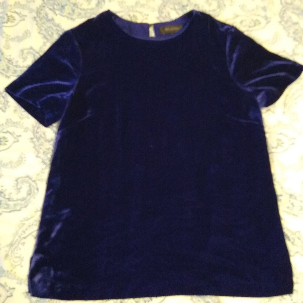 St. John Blue Velvet Short Sleeve Blouse Top Womens Small
